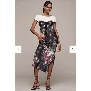 Anthropologie Floral Maxi Dress Bow Lace Cap Sleeve Sweetheart‎ Neck NWT M